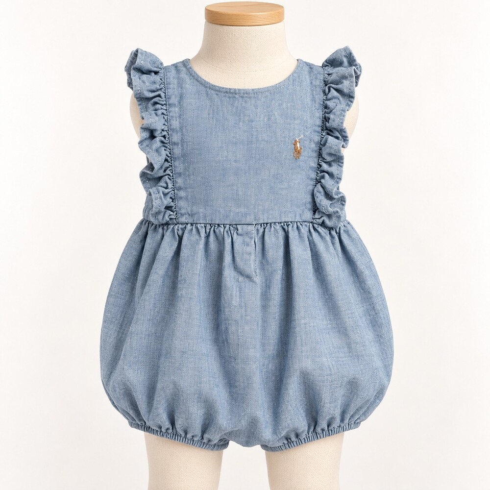 Ralph Lauren Baby Girl 18M Indigo Chambray Ruffle Bubble Romper Pony